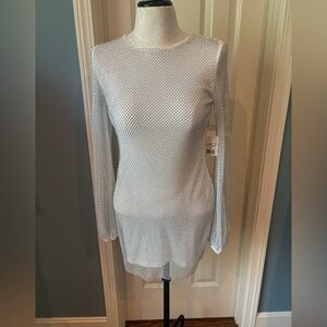 Silver and White Mesh Long Sleeve Dress